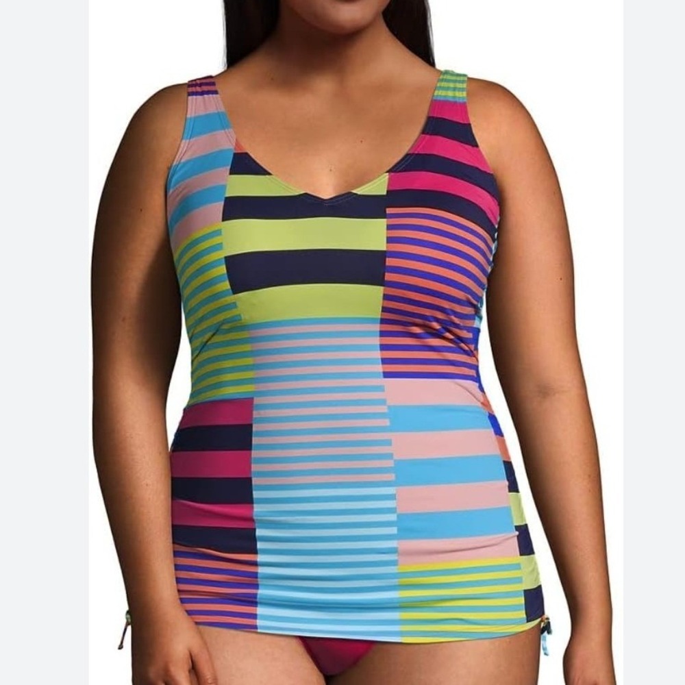 NWT Lands End Womens 22W Tankini Top Mixed Stripes V-Neck Underwire Adjustable